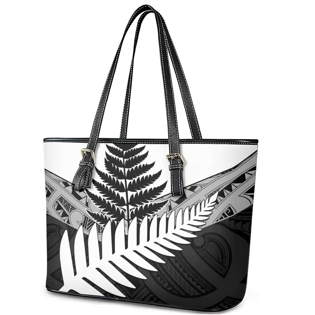 New Zealand Silver Fern Leather Tote Bag Maori Koru Mixed Taniko Pattern LT9 - Polynesian Pride