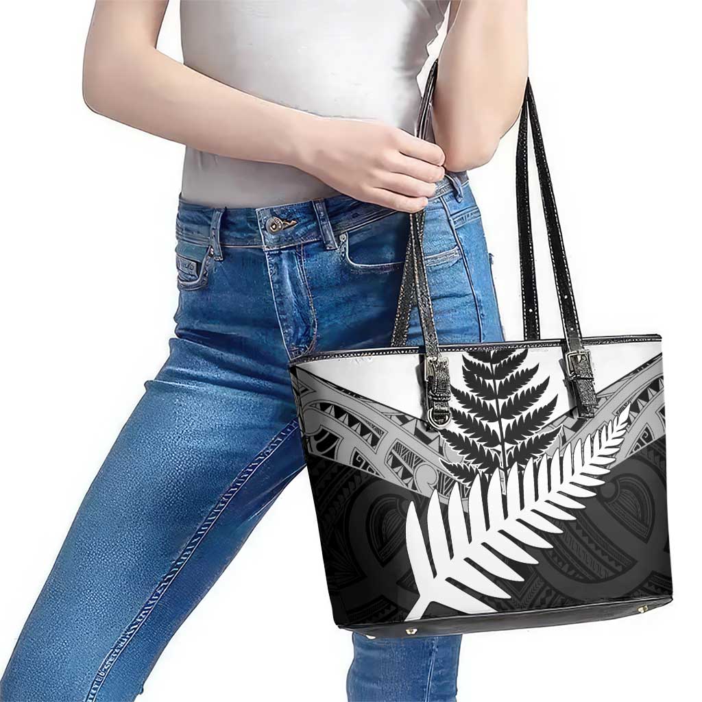 New Zealand Silver Fern Leather Tote Bag Maori Koru Mixed Taniko Pattern LT9 - Polynesian Pride