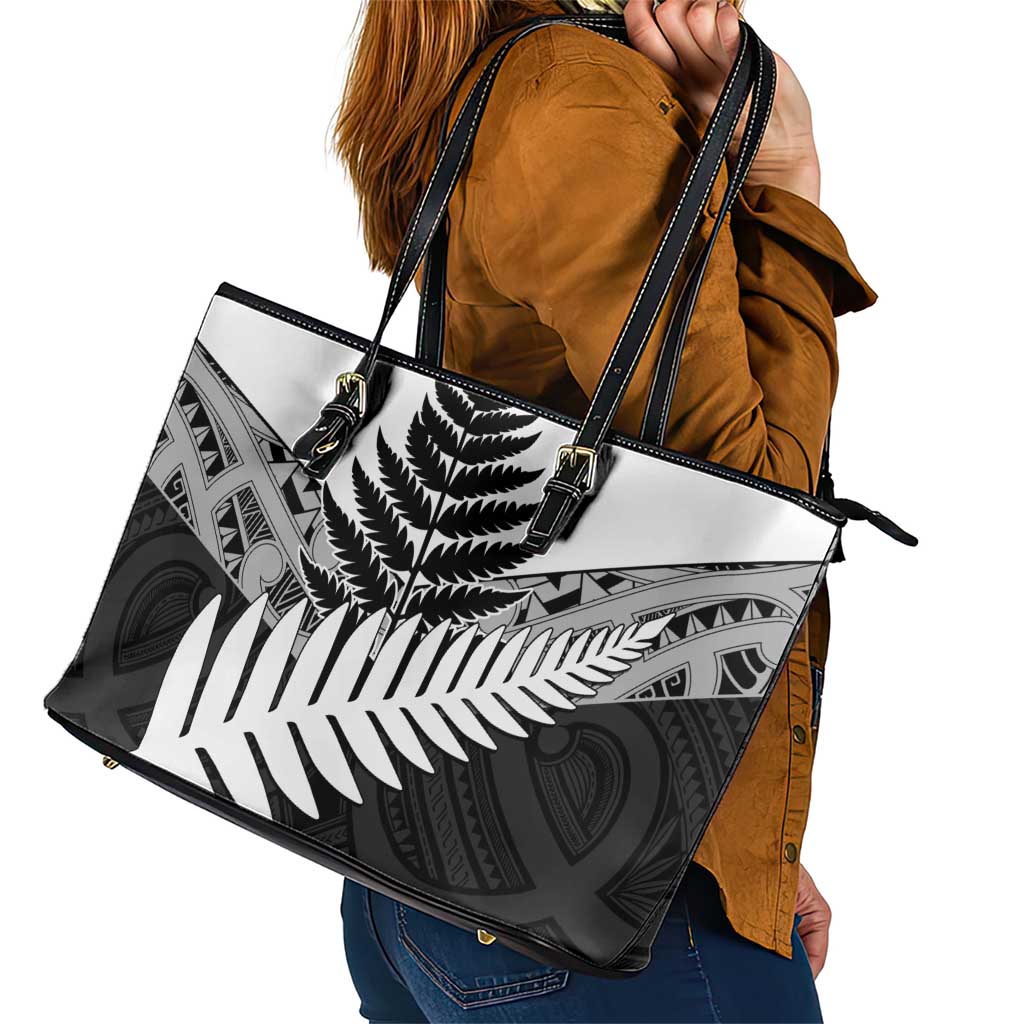 New Zealand Silver Fern Leather Tote Bag Maori Koru Mixed Taniko Pattern LT9 - Polynesian Pride