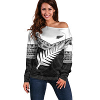 New Zealand Silver Fern Off Shoulder Sweater Maori Koru Mixed Taniko Pattern LT9 Women White - Polynesian Pride