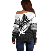 New Zealand Silver Fern Off Shoulder Sweater Maori Koru Mixed Taniko Pattern LT9 - Polynesian Pride