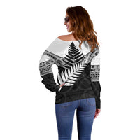 New Zealand Silver Fern Off Shoulder Sweater Maori Koru Mixed Taniko Pattern LT9 - Polynesian Pride