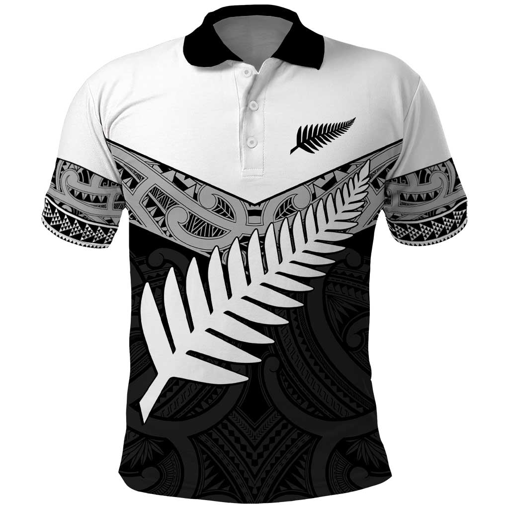 New Zealand Silver Fern Polo Shirt Maori Koru Mixed Taniko Pattern LT9 White - Polynesian Pride