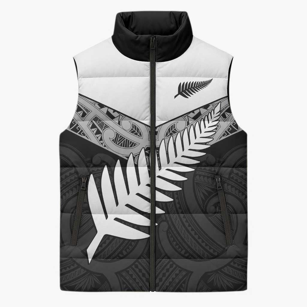 New Zealand Silver Fern Sleeveless Puffer Jacket Maori Koru Mixed Taniko Pattern LT9 Unisex White - Polynesian Pride