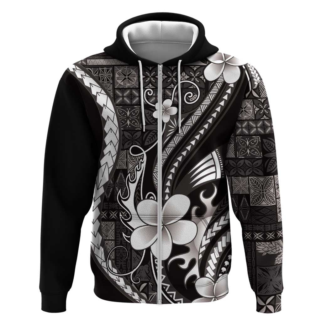 Samoa Siapo Tribal Pattern Hoodie Black Polynesian Plumeria Tapa Motif LT9 Zip Hoodie Black - Polynesian Pride