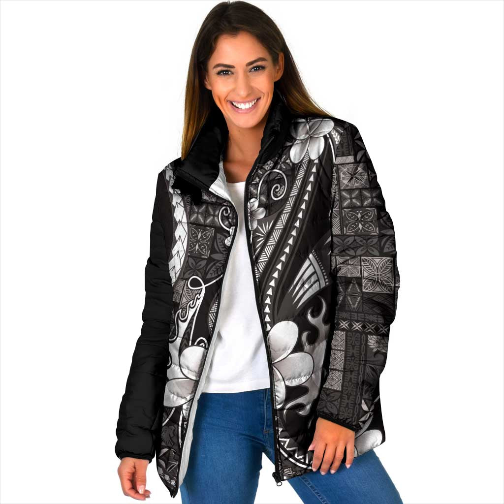 Samoa Siapo Tribal Pattern Padded Jacket Black Polynesian Plumeria Tapa Motif LT9 Women Black - Polynesian Pride