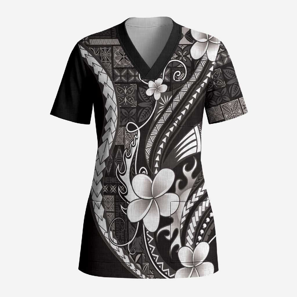 Samoa Siapo Tribal Pattern Scrub Top Black Polynesian Plumeria Tapa Motif LT9 Adult Black - Polynesian Pride