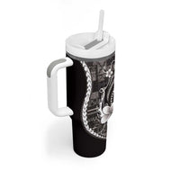 Samoa Siapo Tribal Pattern Tumbler With Handle Black Polynesian Plumeria Tapa Motif LT9 - Polynesian Pride