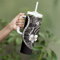 Samoa Siapo Tribal Pattern Tumbler With Handle Black Polynesian Plumeria Tapa Motif LT9 - Polynesian Pride
