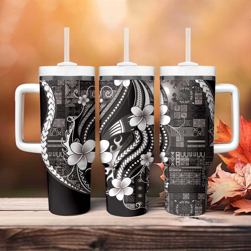 Samoa Siapo Tribal Pattern Tumbler With Handle Black Polynesian Plumeria Tapa Motif LT9 - Polynesian Pride