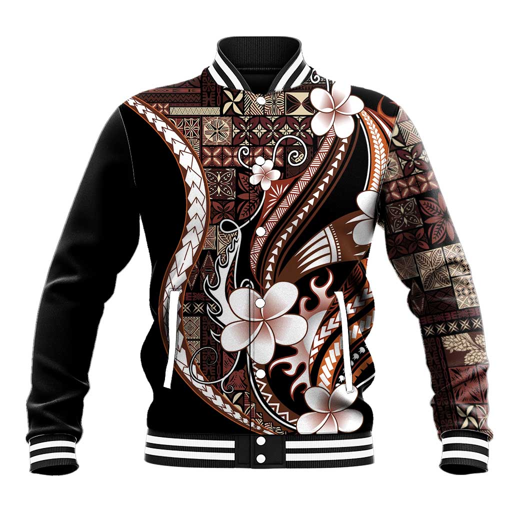 Samoa Siapo Tribal Pattern Baseball Jacket Brown Polynesian Plumeria Tapa Motif LT9 Unisex Brown - Polynesian Pride