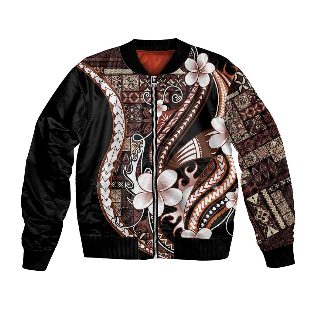 Samoa Siapo Tribal Pattern Bomber Jacket Brown Polynesian Plumeria Tapa Motif LT9 Unisex Brown - Polynesian Pride