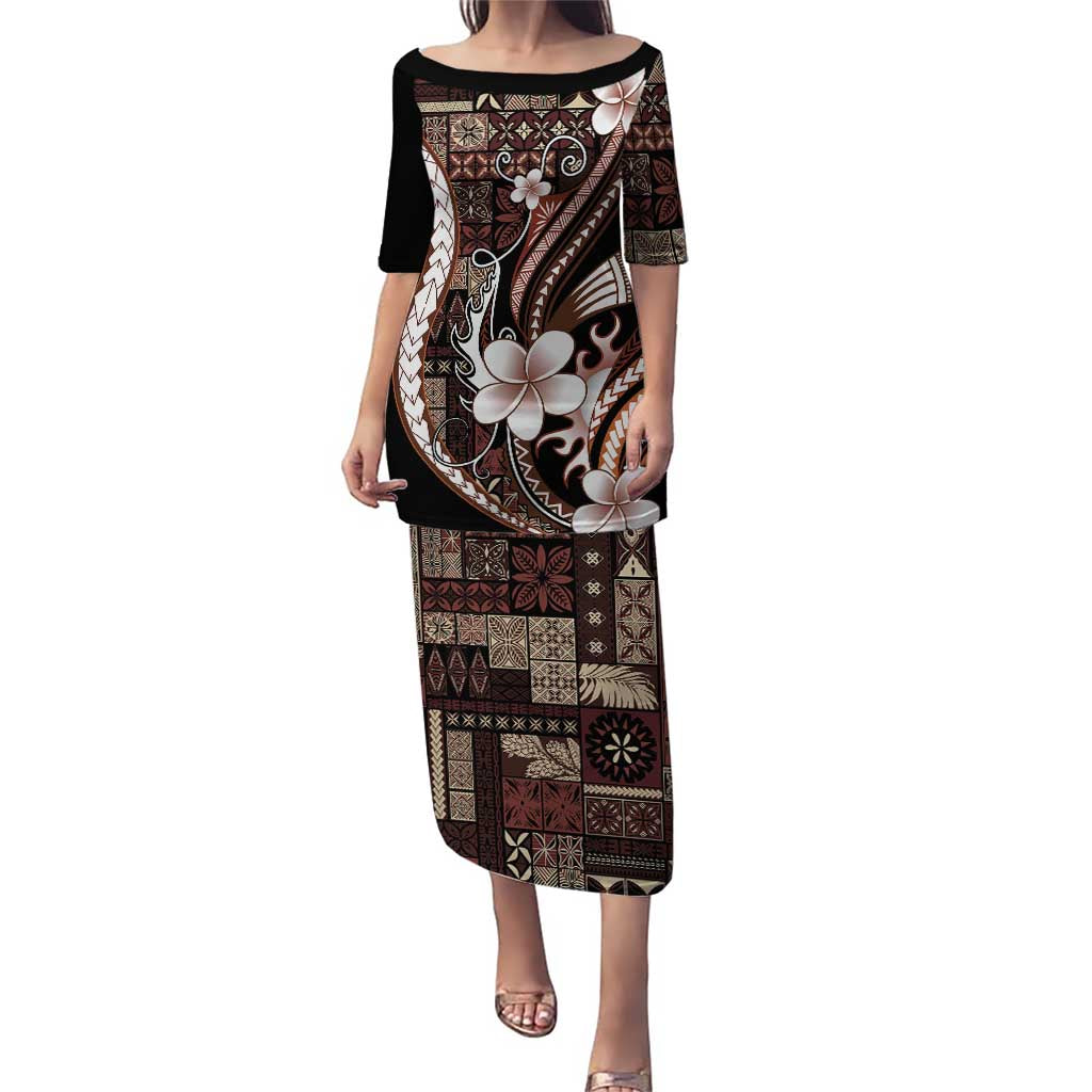 Samoa Siapo Tribal Pattern Puletasi Brown Polynesian Plumeria Tapa Motif LT9 Long Dress Brown - Polynesian Pride