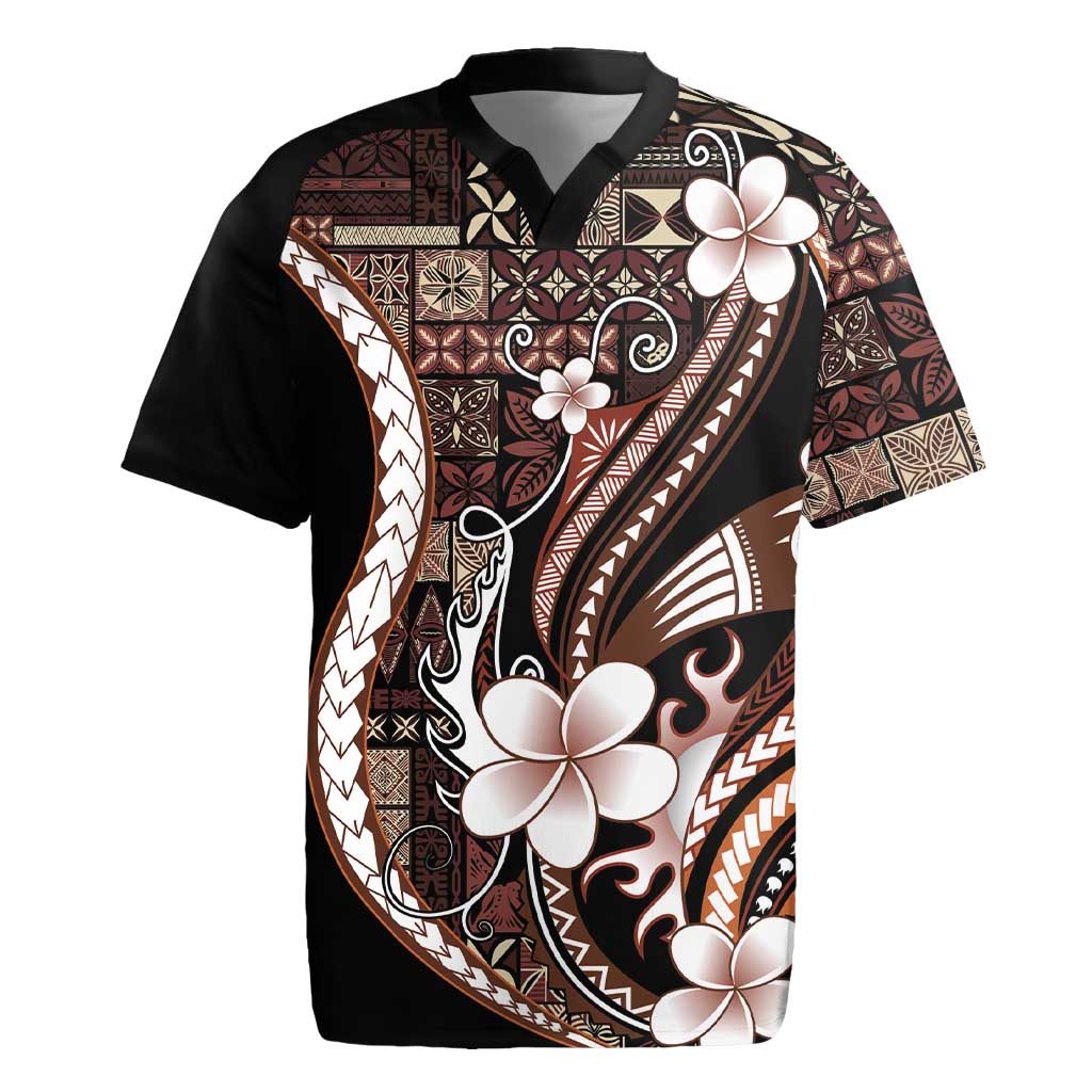 Samoa Siapo Tribal Pattern Rugby Jersey Brown Polynesian Plumeria Tapa Motif LT9 Brown - Polynesian Pride
