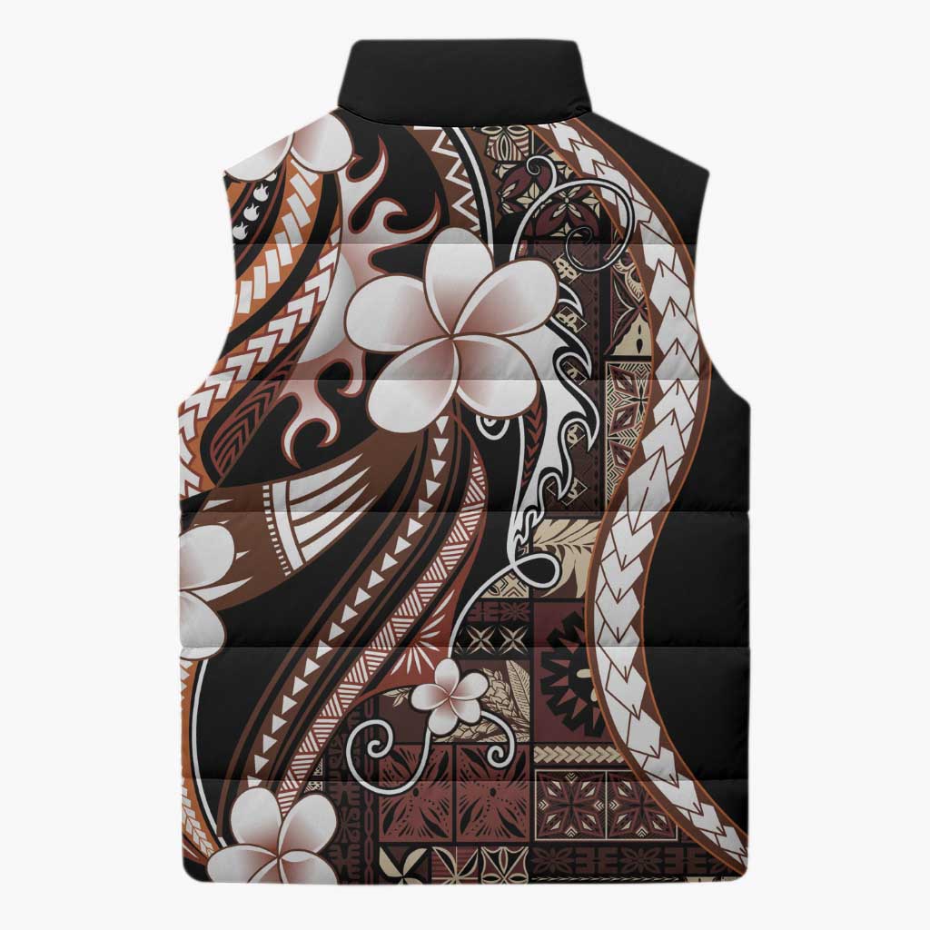 Samoa Siapo Tribal Pattern Sleeveless Puffer Jacket Brown Polynesian Plumeria Tapa Motif LT9 - Polynesian Pride