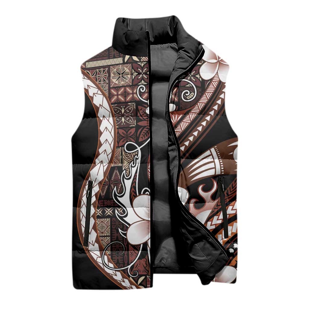 Samoa Siapo Tribal Pattern Sleeveless Puffer Jacket Brown Polynesian Plumeria Tapa Motif LT9 - Polynesian Pride