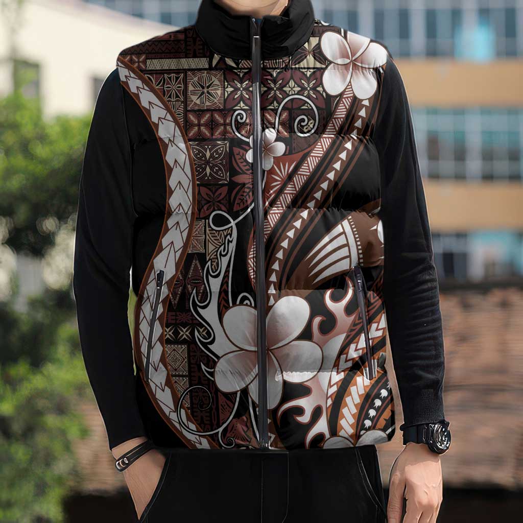 Samoa Siapo Tribal Pattern Sleeveless Puffer Jacket Brown Polynesian Plumeria Tapa Motif LT9 - Polynesian Pride