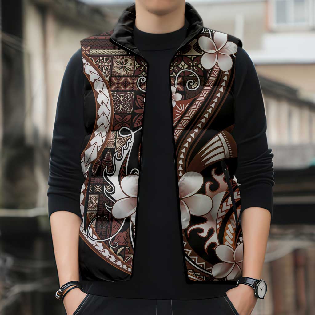Samoa Siapo Tribal Pattern Sleeveless Puffer Jacket Brown Polynesian Plumeria Tapa Motif LT9 - Polynesian Pride