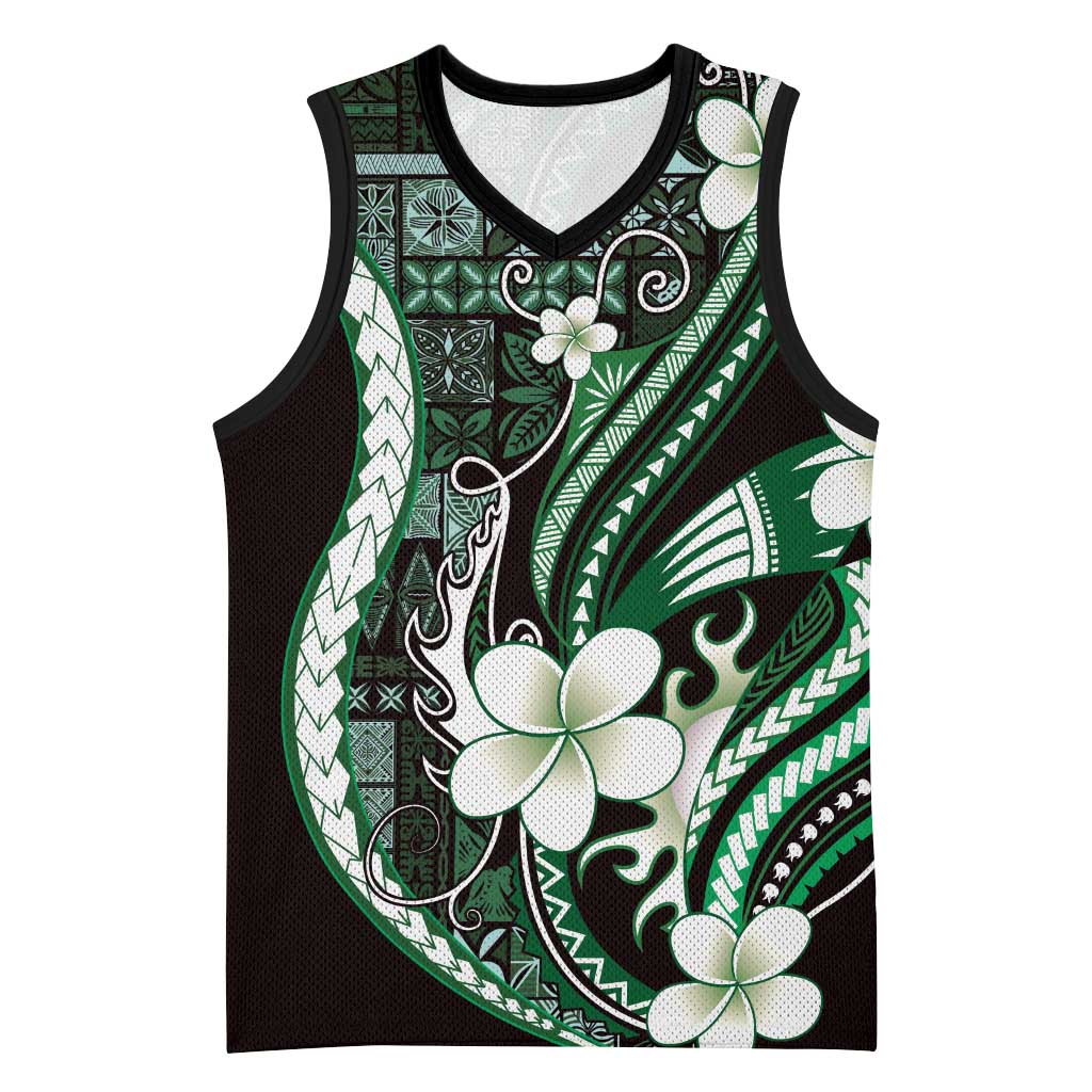 Samoa Siapo Tribal Pattern Basketball Jersey Forest Green Polynesian Plumeria Tapa Motif LT9 Unisex Green - Polynesian Pride