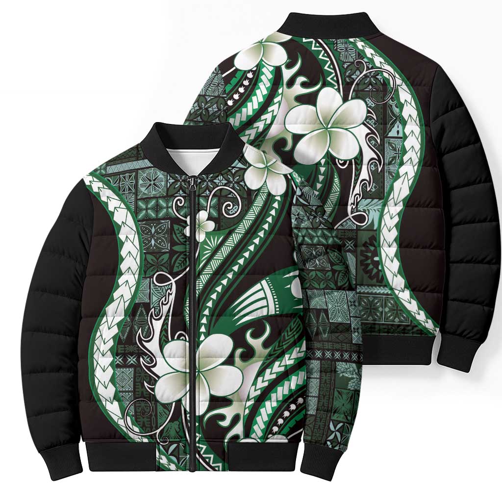 Samoa Siapo Tribal Pattern Bomber Puffer Jacket Forest Green Polynesian Plumeria Tapa Motif LT9 - Polynesian Pride