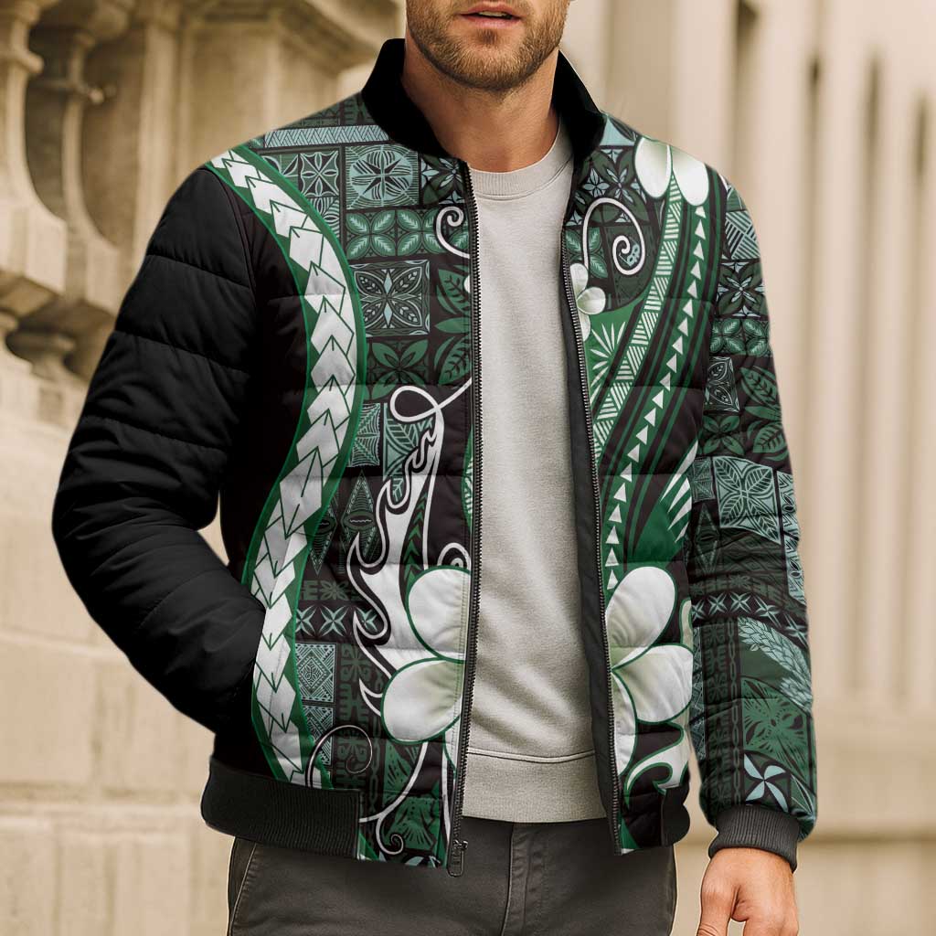 Samoa Siapo Tribal Pattern Bomber Puffer Jacket Forest Green Polynesian Plumeria Tapa Motif LT9 - Polynesian Pride