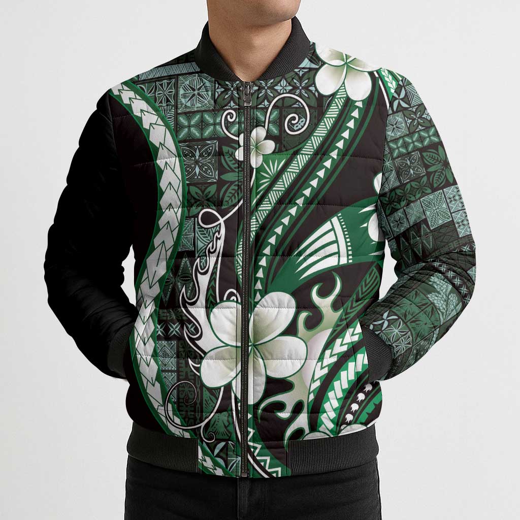 Samoa Siapo Tribal Pattern Bomber Puffer Jacket Forest Green Polynesian Plumeria Tapa Motif LT9 - Polynesian Pride