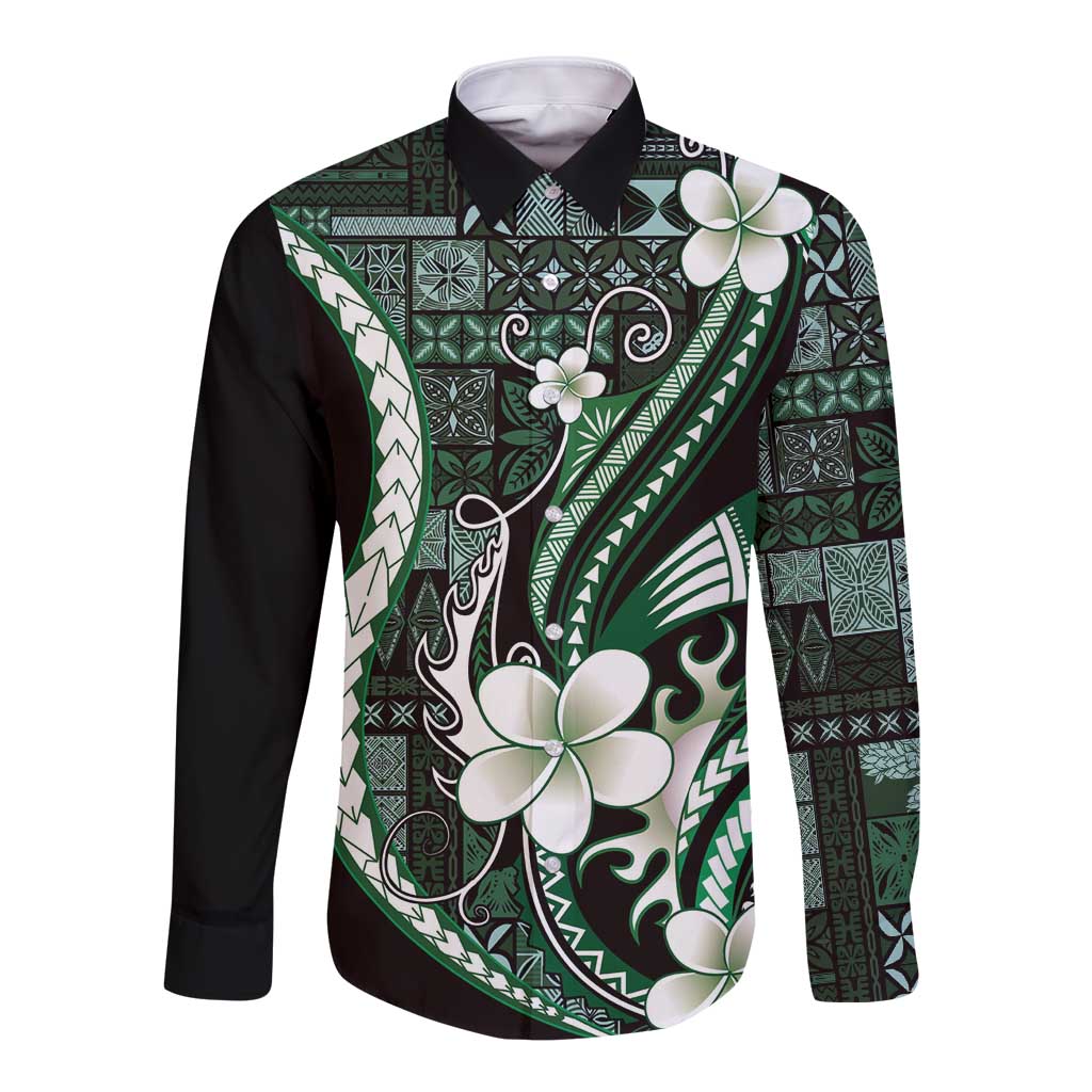 Samoa Siapo Tribal Pattern Long Sleeve Button Shirt Forest Green Polynesian Plumeria Tapa Motif LT9 Unisex Green - Polynesian Pride