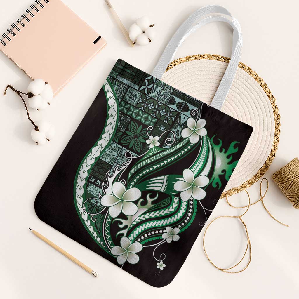 Samoa Siapo Tribal Pattern Tote Bag Forest Green Polynesian Plumeria Tapa Motif LT9 White Strap One Size Green - Polynesian Pride