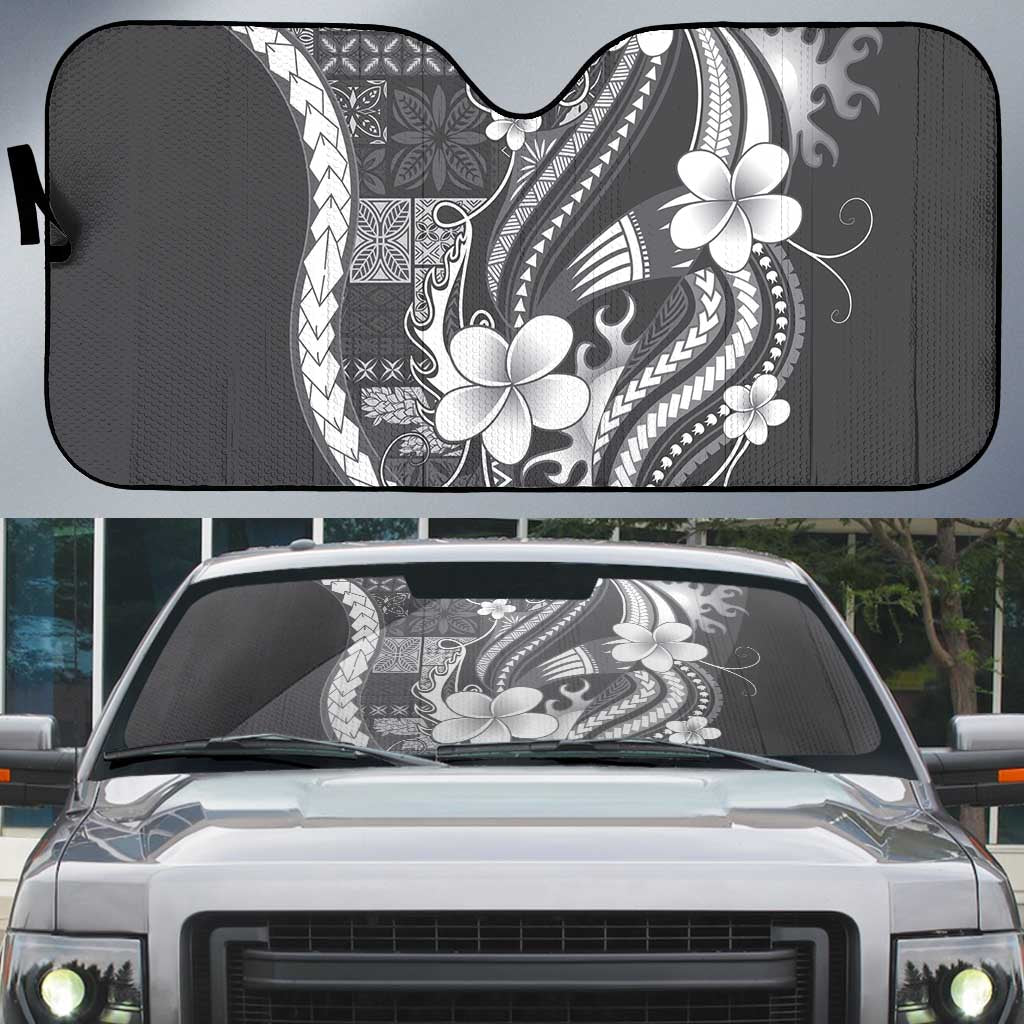 Samoa Siapo Tribal Pattern Auto Sun Shade Light Gray Polynesian Plumeria Tapa Motif LT9 Gray - Polynesian Pride