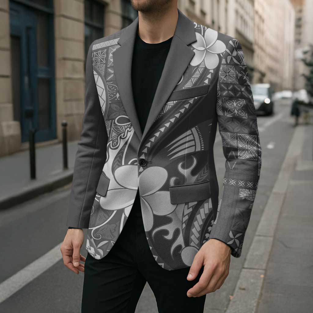 Samoa Siapo Tribal Pattern Blazer Light Gray Polynesian Plumeria Tapa Motif LT9 - Polynesian Pride