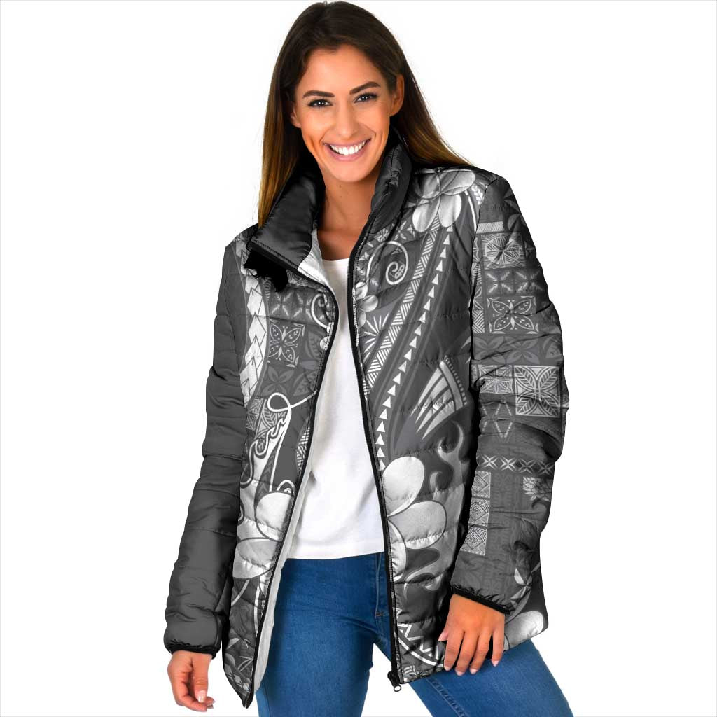 Samoa Siapo Tribal Pattern Padded Jacket Light Gray Polynesian Plumeria Tapa Motif LT9 Women Gray - Polynesian Pride