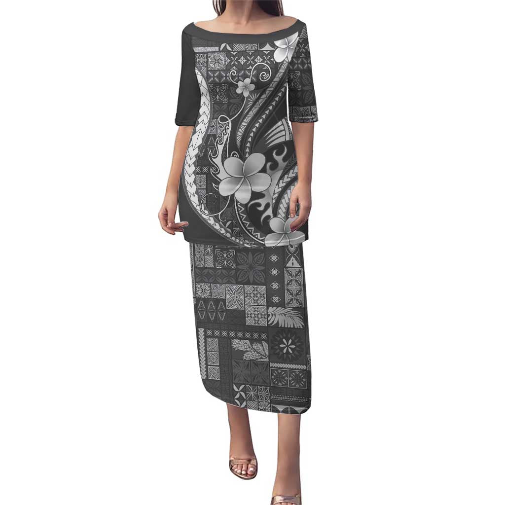 Samoa Siapo Tribal Pattern Puletasi Light Gray Polynesian Plumeria Tapa Motif LT9 Long Dress Gray - Polynesian Pride
