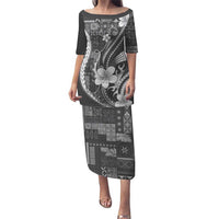 Samoa Siapo Tribal Pattern Puletasi Light Gray Polynesian Plumeria Tapa Motif LT9 Long Dress Gray - Polynesian Pride