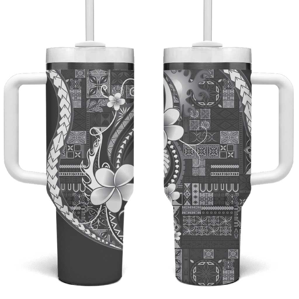 Samoa Siapo Tribal Pattern Tumbler With Handle Light Gray Polynesian Plumeria Tapa Motif LT9 One Size: 40 oz Gray - Polynesian Pride
