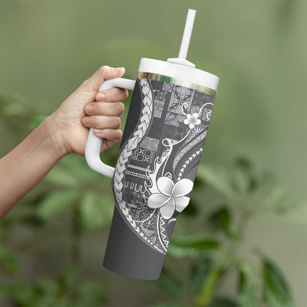 Samoa Siapo Tribal Pattern Tumbler With Handle Light Gray Polynesian Plumeria Tapa Motif LT9 - Polynesian Pride