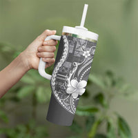 Samoa Siapo Tribal Pattern Tumbler With Handle Light Gray Polynesian Plumeria Tapa Motif LT9 - Polynesian Pride