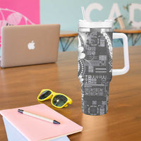 Samoa Siapo Tribal Pattern Tumbler With Handle Light Gray Polynesian Plumeria Tapa Motif LT9 - Polynesian Pride