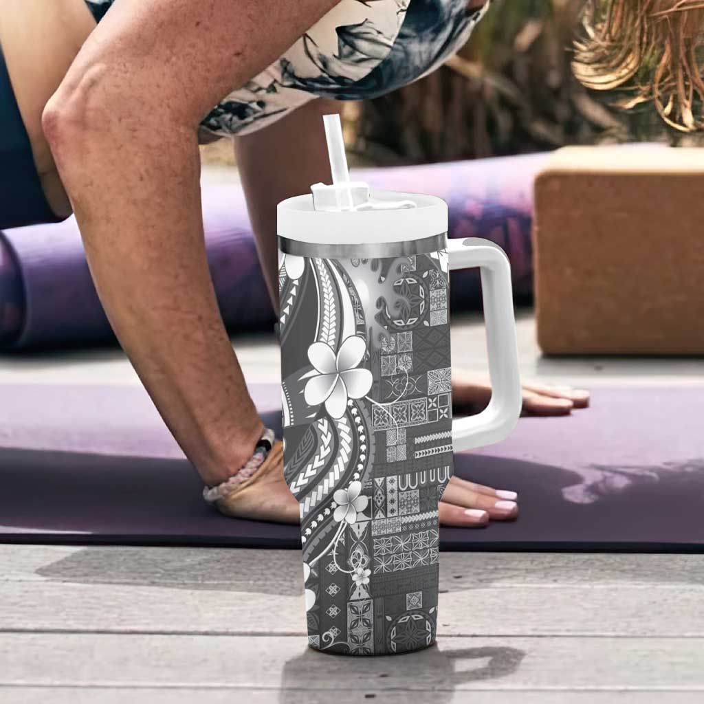Samoa Siapo Tribal Pattern Tumbler With Handle Light Gray Polynesian Plumeria Tapa Motif LT9 - Polynesian Pride