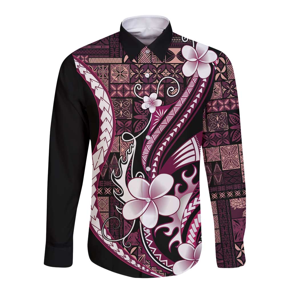 Samoa Siapo Tribal Pattern Long Sleeve Button Shirt Violet Polynesian Plumeria Tapa Motif LT9 Unisex Violet - Polynesian Pride