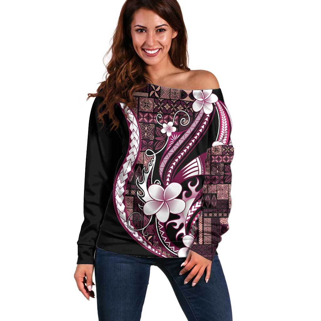 Samoa Siapo Tribal Pattern Off Shoulder Sweater Violet Polynesian Plumeria Tapa Motif LT9 Women Violet - Polynesian Pride
