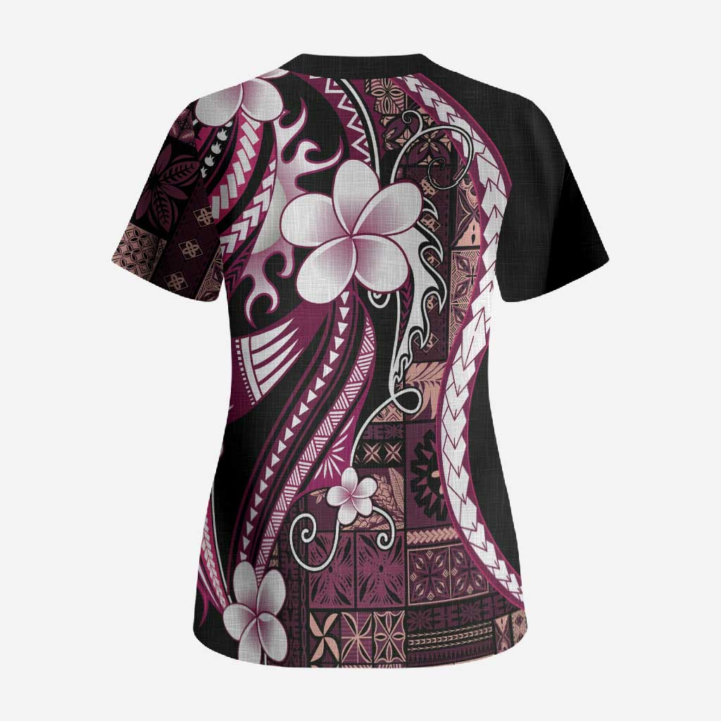 Samoa Siapo Tribal Pattern Scrub Top Violet Polynesian Plumeria Tapa Motif LT9 - Polynesian Pride