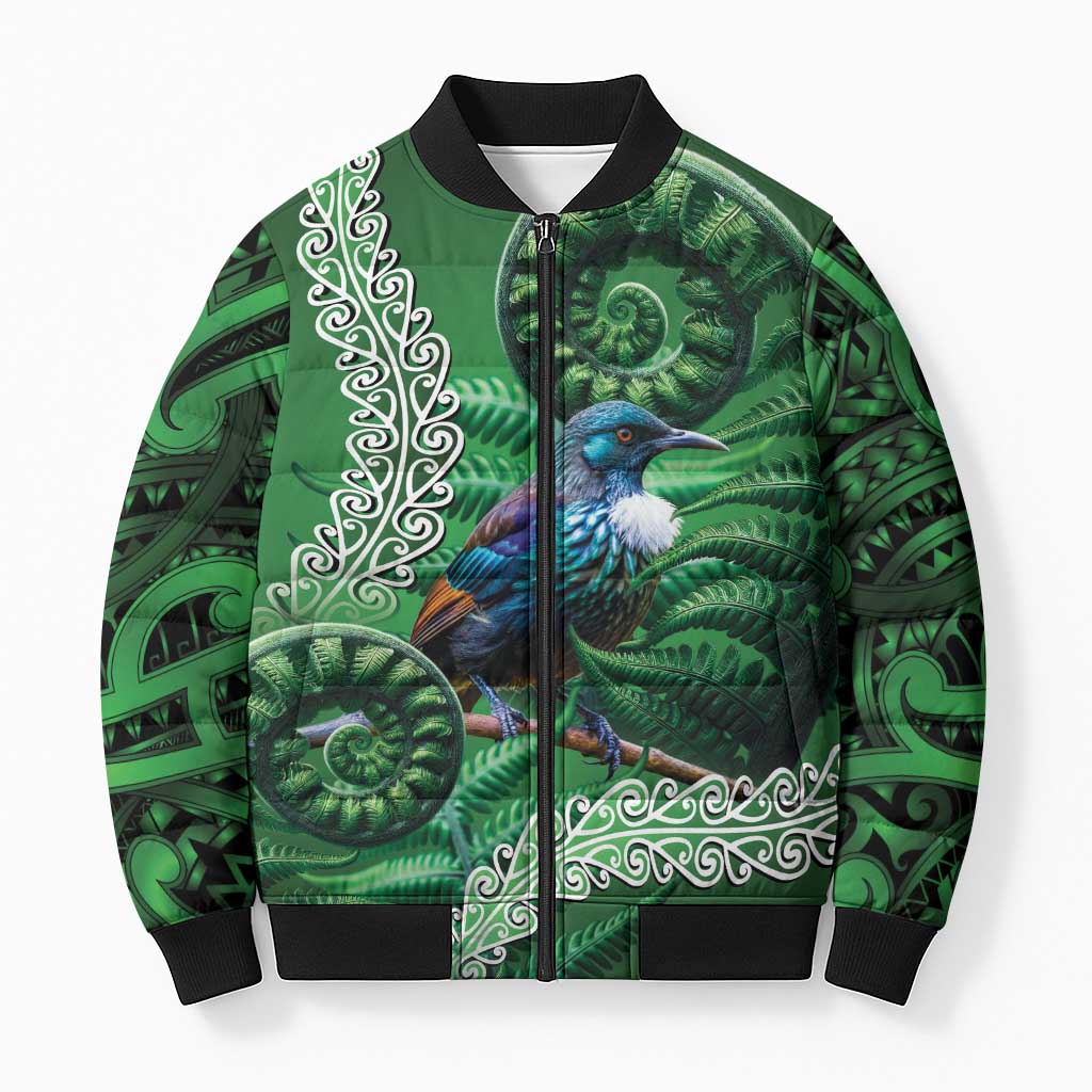 Tui Bird Koru Silver Fern Aotearoa Bomber Puffer Jacket LT9 Unisex Green - Polynesian Pride