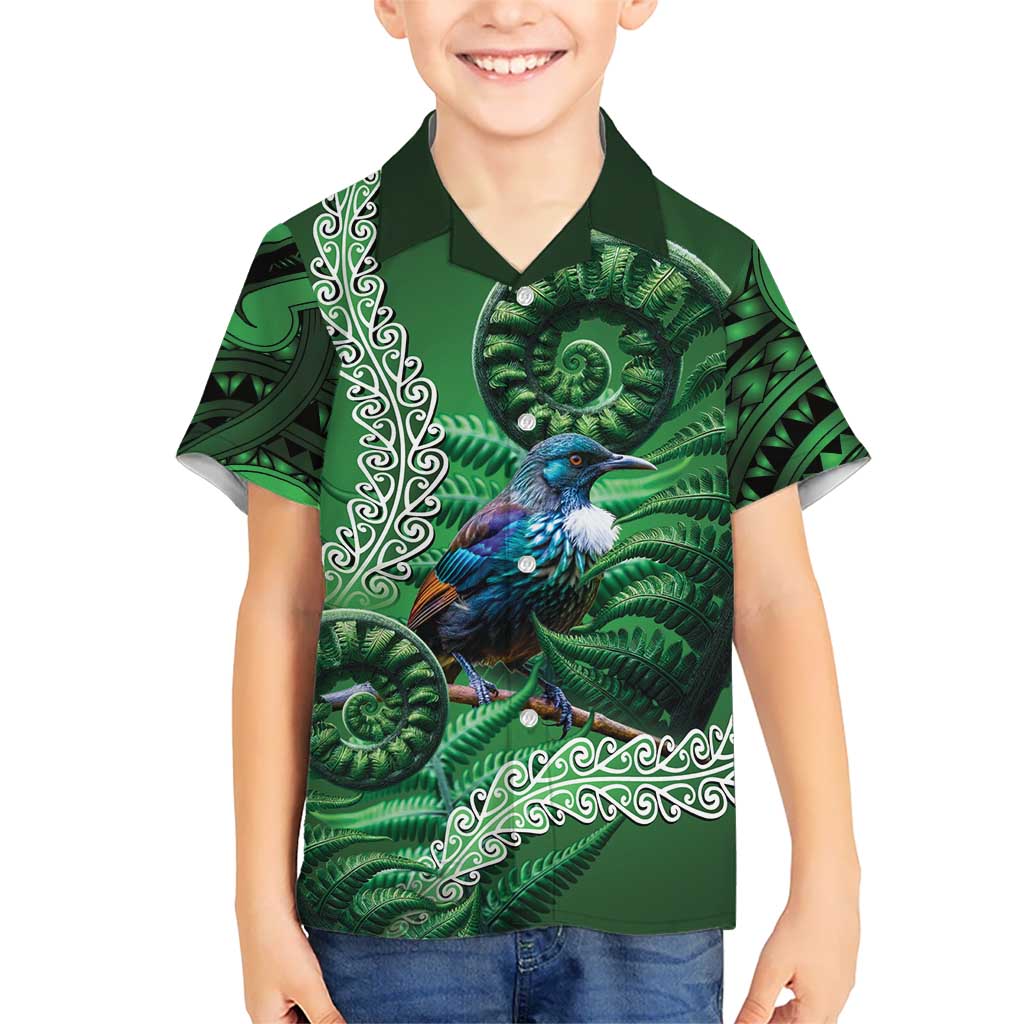 Tui Bird Koru Silver Fern Aotearoa Kid Hawaiian Shirt LT9 Kid Green - Polynesian Pride