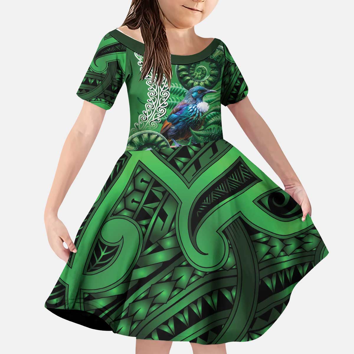 Tui Bird Koru Silver Fern Aotearoa Kid Short Sleeve Dress LT9 KID Green - Polynesian Pride