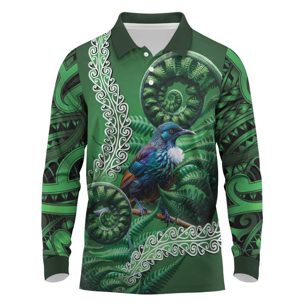 Tui Bird Koru Silver Fern Aotearoa Long Sleeve Polo Shirt LT9 Green - Polynesian Pride