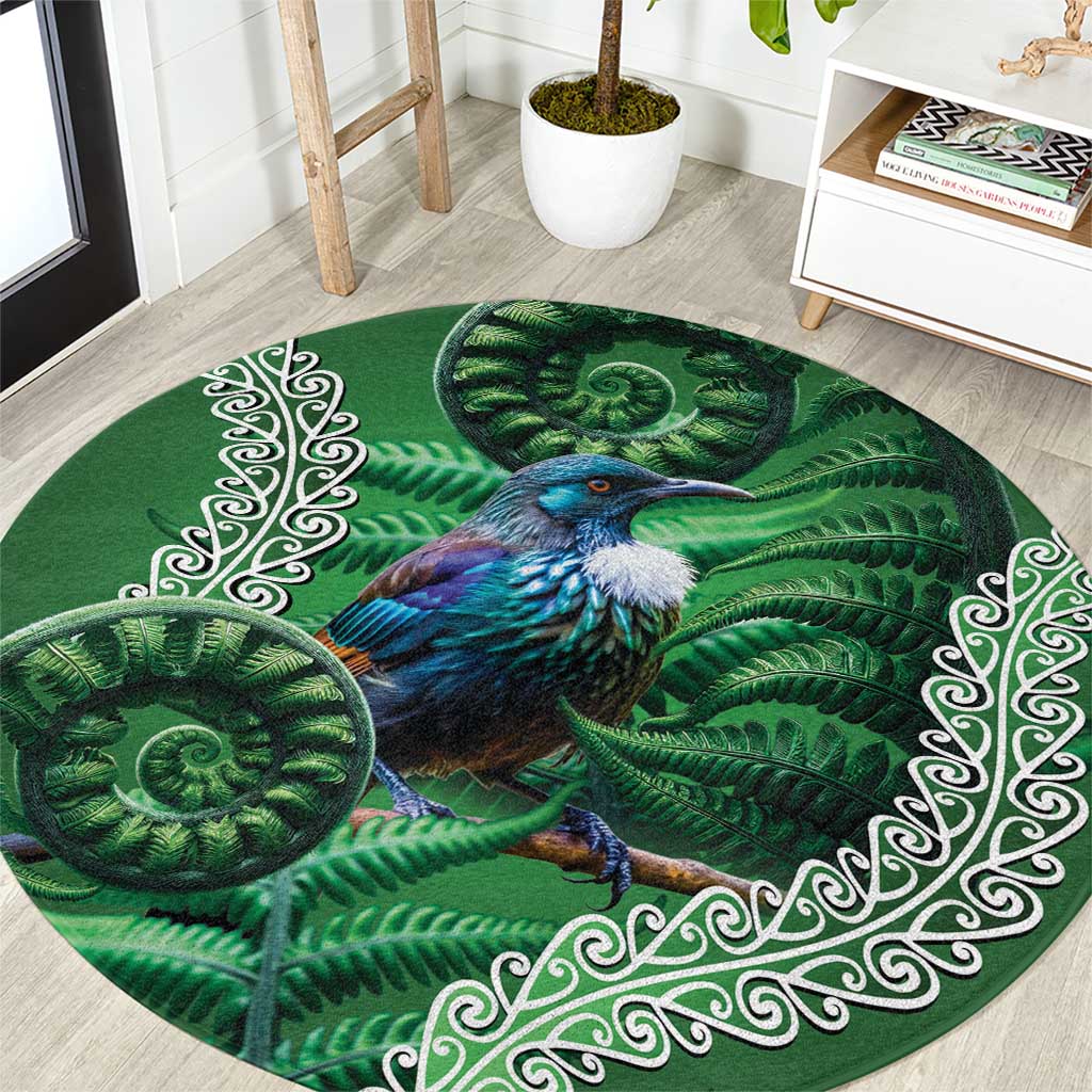 Tui Bird Koru Silver Fern Aotearoa Round Carpet LT9 Green - Polynesian Pride