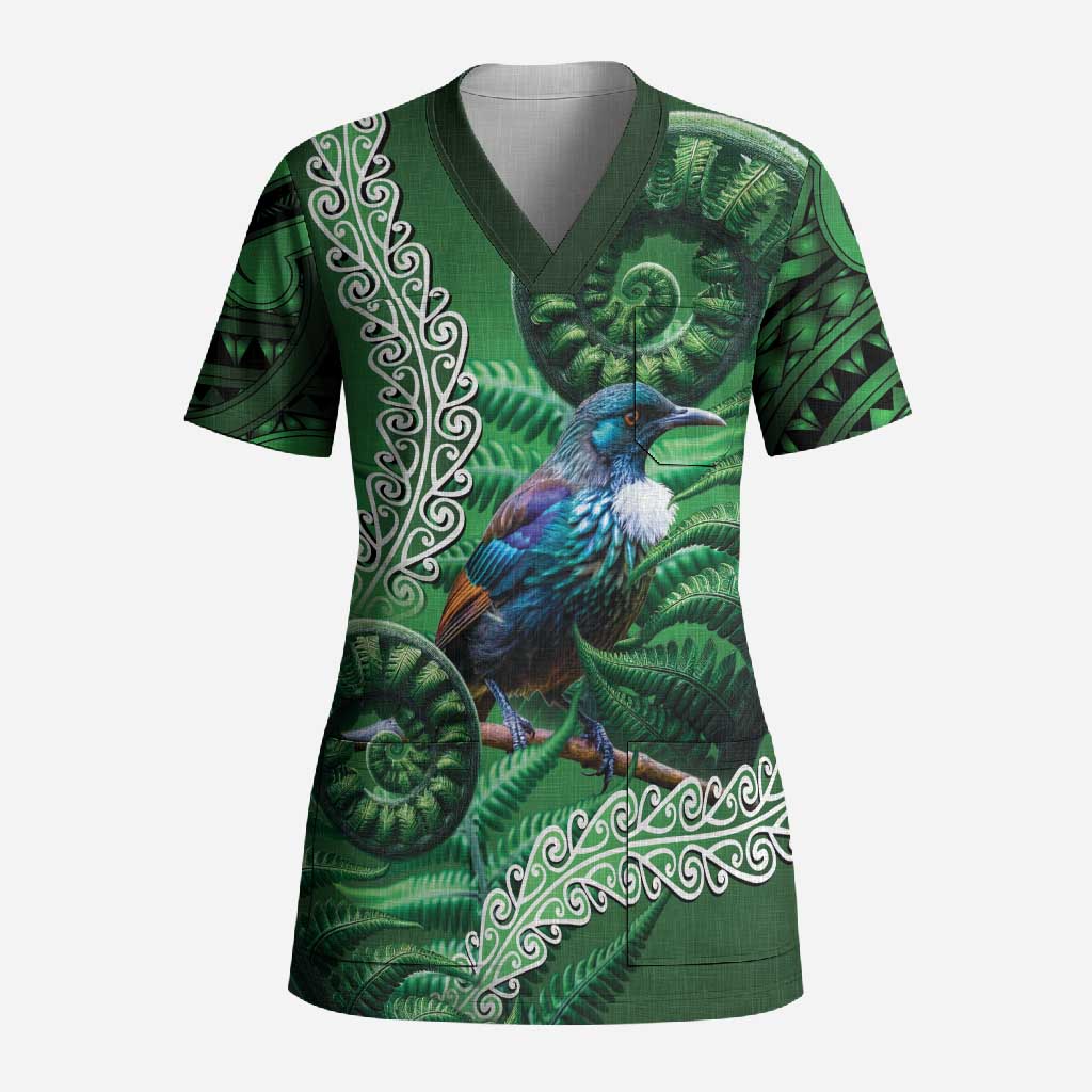 Tui Bird Koru Silver Fern Aotearoa Scrub Top LT9 Adult Green - Polynesian Pride