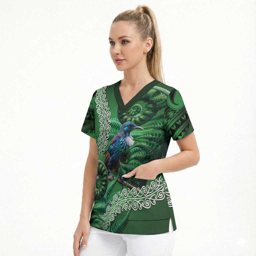 Tui Bird Koru Silver Fern Aotearoa Scrub Top LT9 - Polynesian Pride