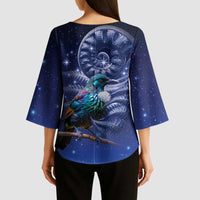Tui Bird Matariki Galaxy Kimono Sleeve Blouse Koru Silver Fern Aotearoa LT9 - Polynesian Pride