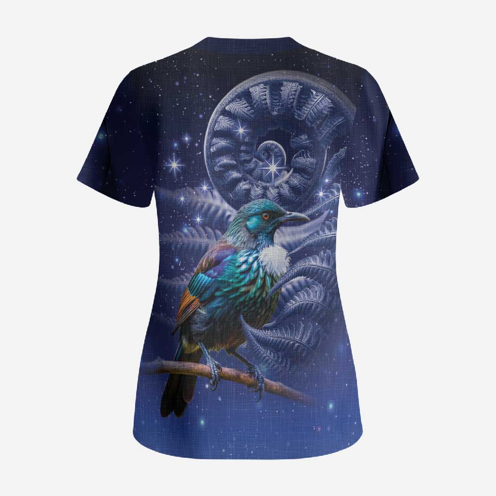Tui Bird Matariki Galaxy Scrub Top Koru Silver Fern Aotearoa LT9 - Polynesian Pride